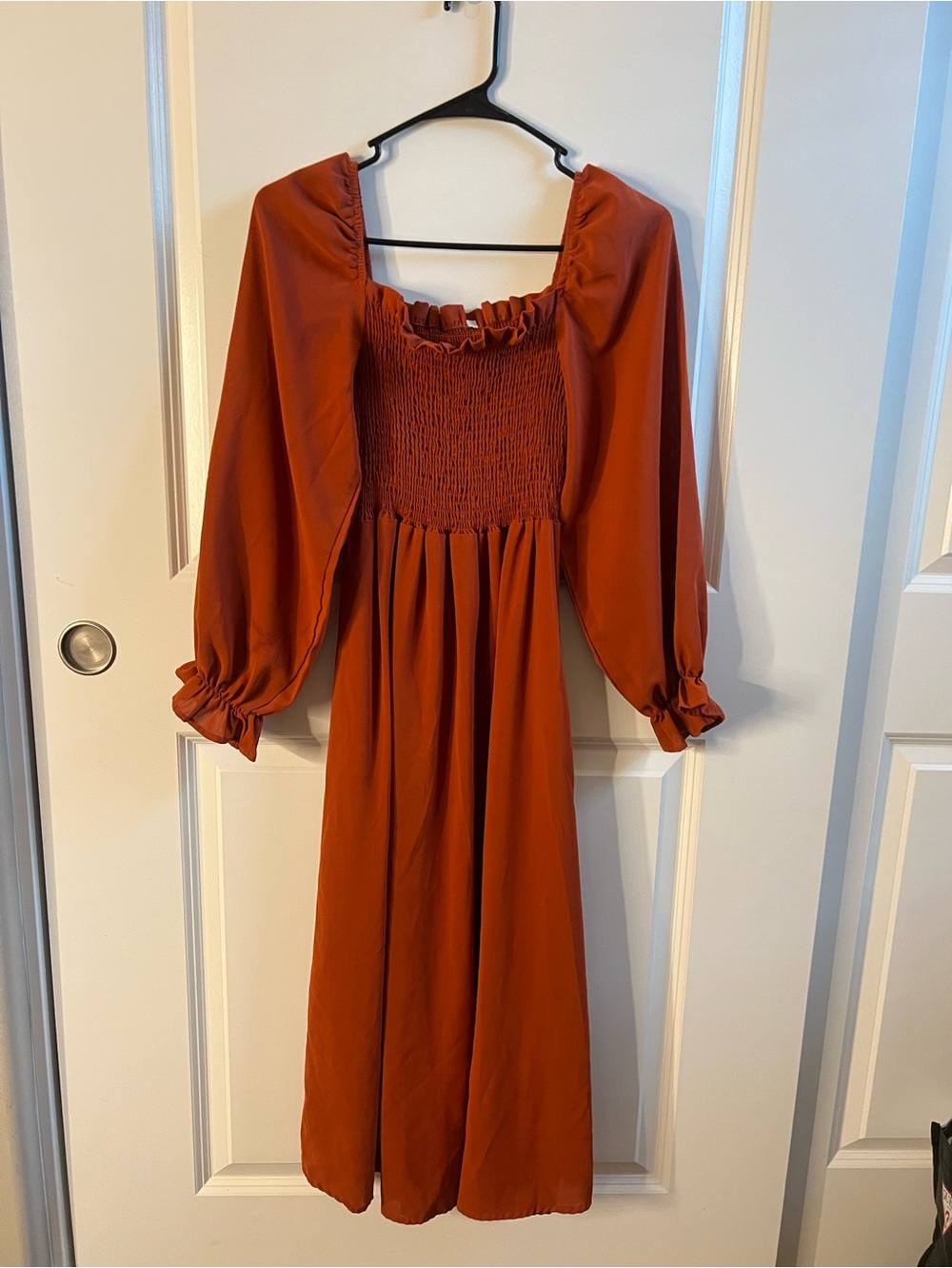 Rust Long-Sleeve Smocked Midi Dress